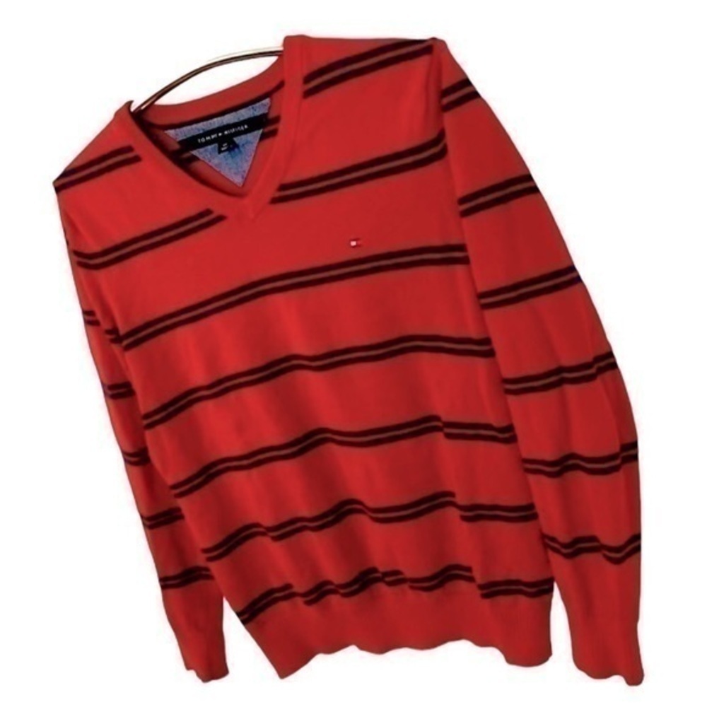 TOMMY HILFIGER | Women’s Red Sweater with Dark Blue Stripes Size SP